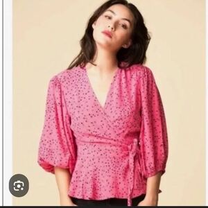 GANNI - Barra Crepe Wrap Blouse in Hot Pink Wrap blouse